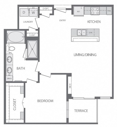 Floor plan for 1 bed, 1 bath, 889 sqft