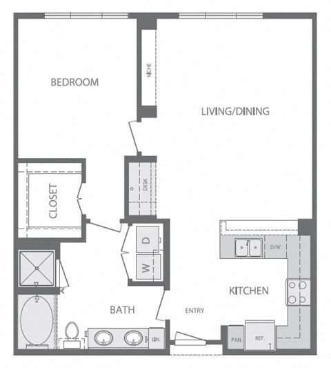 Floor plan for 1 bed, 1 bath, 874 sqft