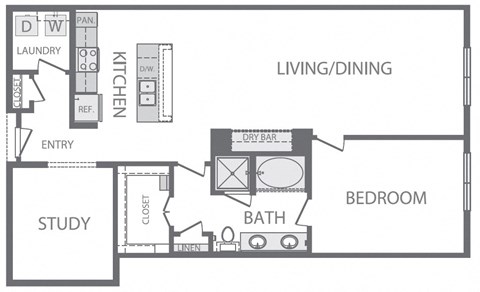 Floor plan for 1 bed, 1 bath, 1176 sqft