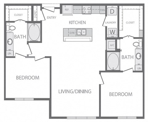 Floor plan for 2 beds, 2 baths, 1107 sqft