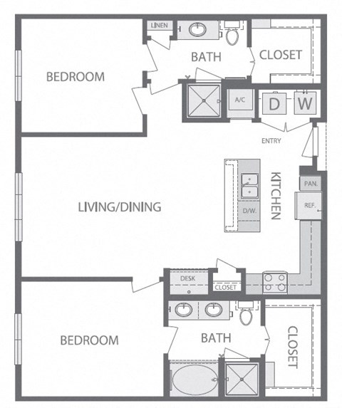 Floor plan for 2 beds, 2 baths, 1242 sqft