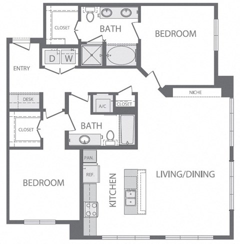 Floor plan for 2 beds, 2 baths, 1299 sqft