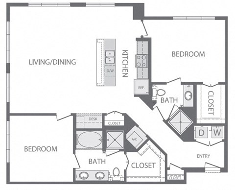 Floor plan for 2 beds, 2 baths, 1332 sqft