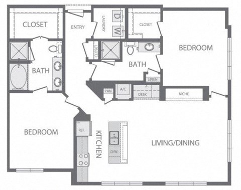 Floor plan for 2 beds, 2 baths, 1350 sqft