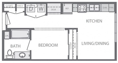 Floor plan for studio, 1 bath, 491 sqft