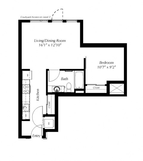 Floor plan for 1 bed, 1 bath, 612 sqft