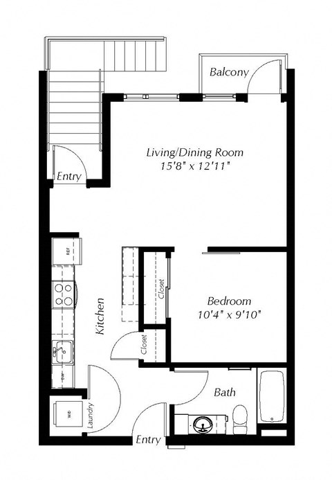 Floor plan for 1 bed, 1 bath, 654 sqft