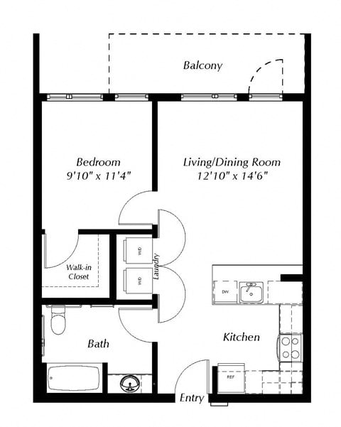 Floor plan for 1 bed, 1 bath, 655 sqft
