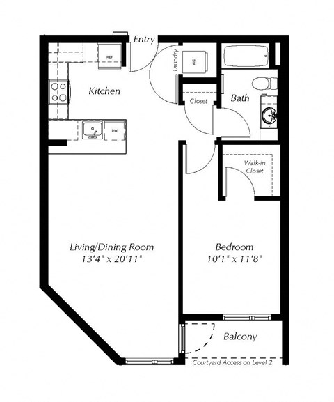 Floor plan for 1 bed, 1 bath, 713 sqft