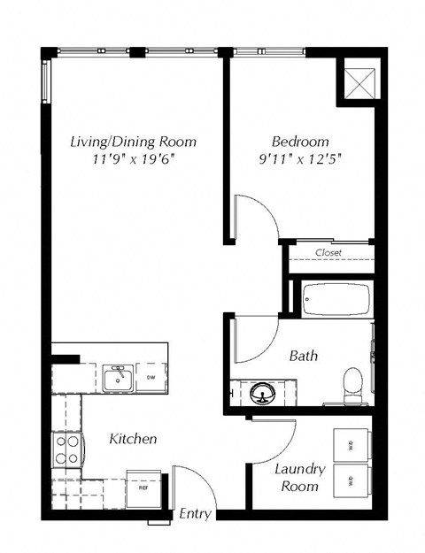 Floor plan for 1 bed, 1 bath, 733 sqft