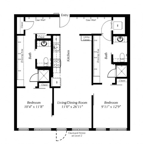 Floor plan for 2 beds, 2 baths, 1110 sqft