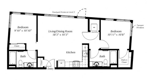 Floor plan for 2 beds, 2 baths, 870 sqft