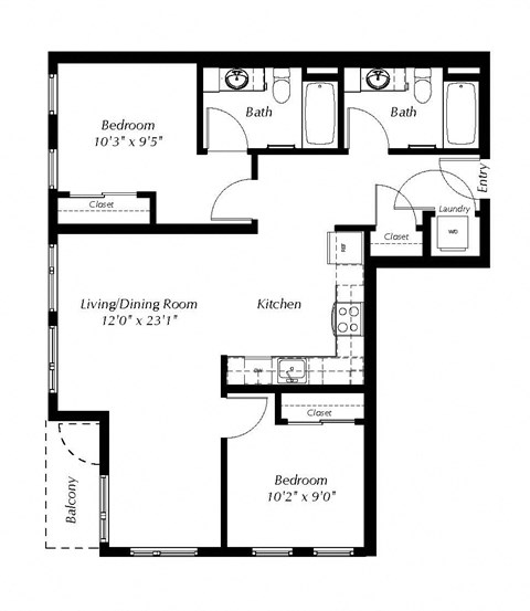 Floor plan for 2 beds, 2 baths, 964 sqft