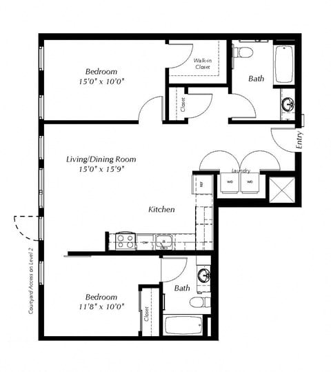 Floor plan for 2 beds, 2 baths, 1023 sqft