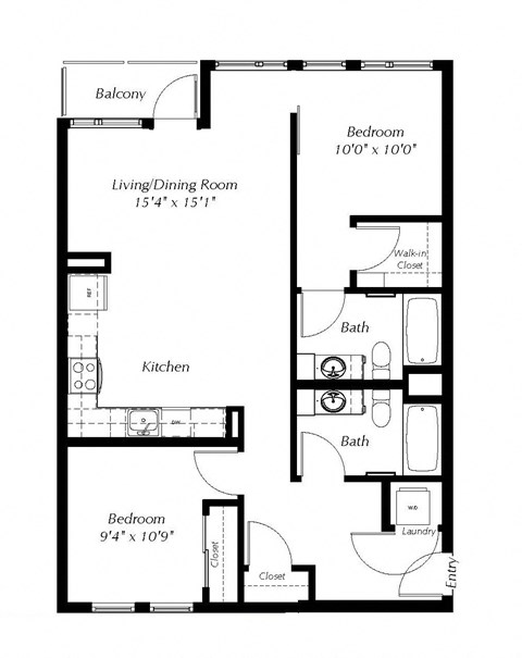 Floor plan for 2 beds, 2 baths, 971 sqft