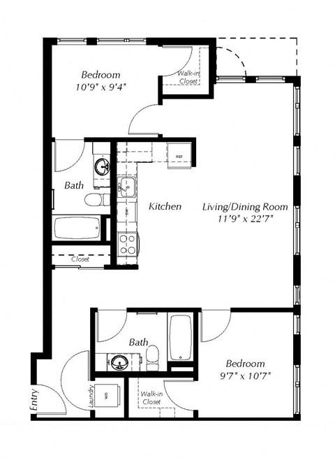 Floor plan for 2 beds, 2 baths, 964 sqft