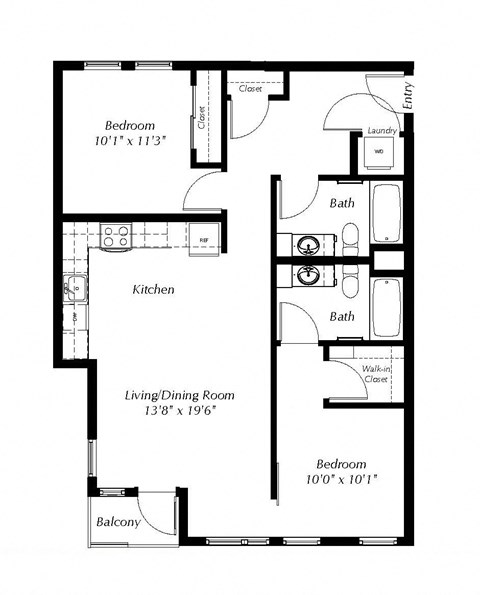 Floor plan for 2 beds, 2 baths, 989 sqft
