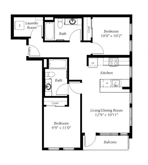 Floor plan for 2 beds, 2 baths, 895 sqft
