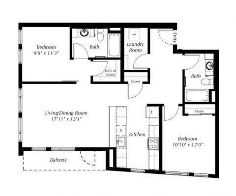 Floor plan for 2 beds, 2 baths, 1116 sqft