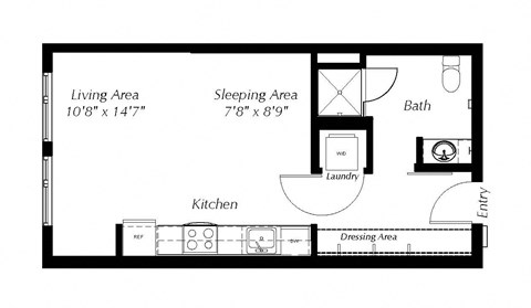 Floor plan for studio, 1 bath, 489 sqft