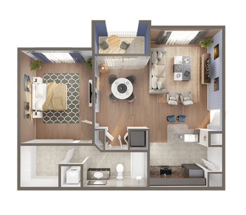 Floor plan for 1 bed, 1 bath, 733 sqft