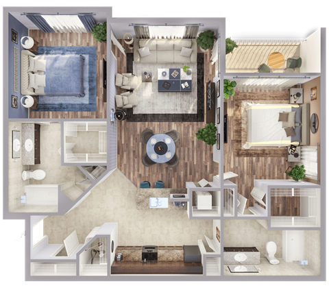 Floor plan for 2 beds, 2 baths, 1045 sqft