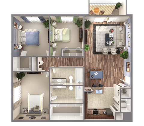 Floor plan for 3 beds, 2 baths, 1319 sqft