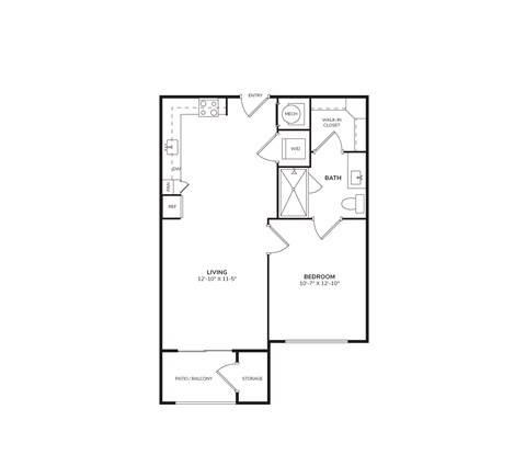 Floor plan for 1 bed, 1 bath, 580 sqft