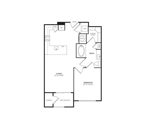 Floor plan for 1 bed, 1 bath, 640 sqft