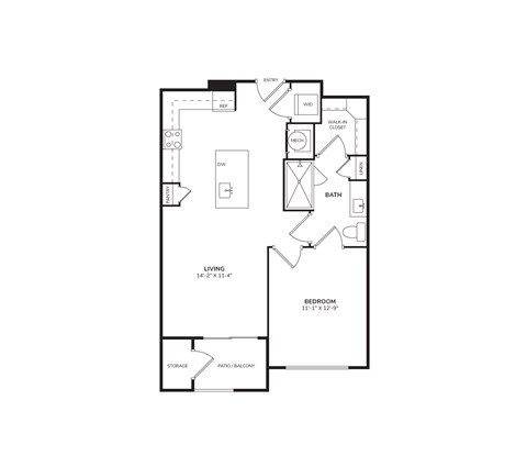 Floor plan for 1 bed, 1 bath, 640 sqft