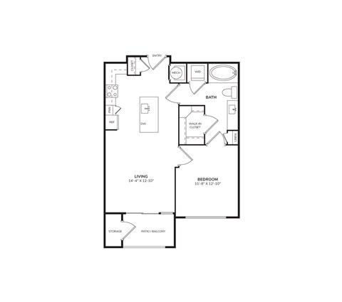 Floor plan for 1 bed, 1 bath, 683 sqft