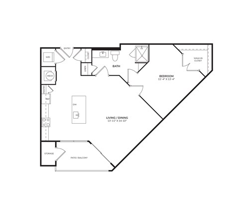 Floor plan for 1 bed, 1 bath, 722 sqft