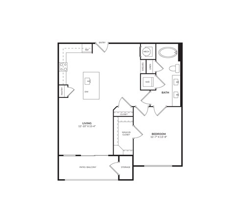 Floor plan for 1 bed, 1 bath, 785 sqft