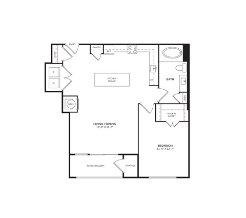 Floor plan for 1 bed, 1 bath, 793 sqft
