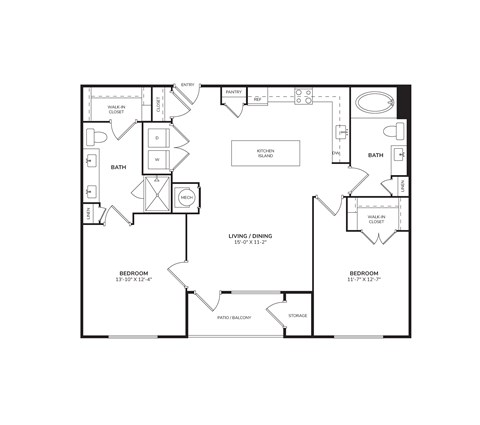 Floor plan for 2 beds, 2 baths, 1090 sqft