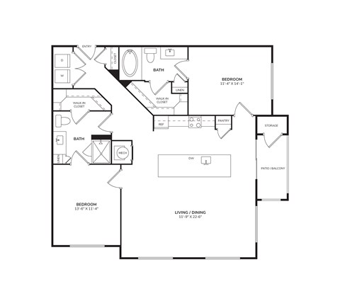 Floor plan for 2 beds, 2 baths, 1197 sqft