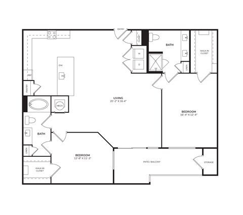 Floor plan for 2 beds, 2 baths, 1276 sqft