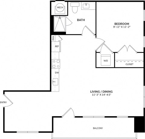 Floor plan for 1 bed, 1 bath, 798 sqft
