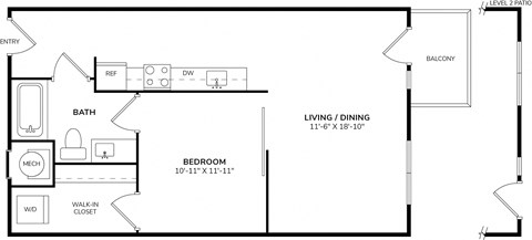 Floor plan for 1 bed, 1 bath, 699 sqft
