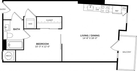 Floor plan for 1 bed, 1 bath, 791 sqft