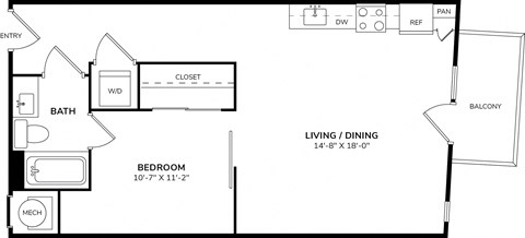 Floor plan for 1 bed, 1 bath, 751 sqft