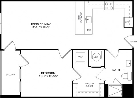 Floor plan for 1 bed, 1 bath, 777 sqft