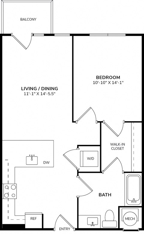 Floor plan for 1 bed, 1 bath, 791 sqft