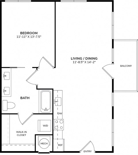 Floor plan for 1 bed, 1 bath, 820 sqft