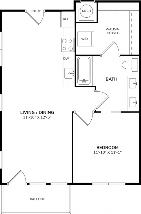 Floor plan for 1 bed, 1 bath, 777 sqft