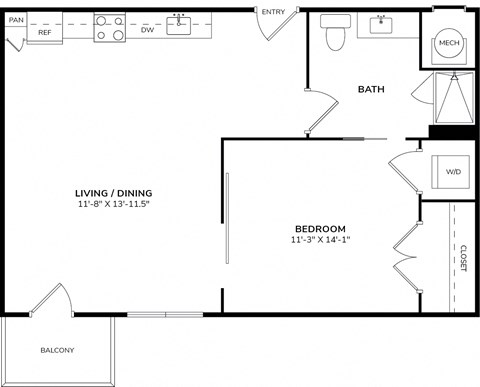 Floor plan for 1 bed, 1 bath, 683 sqft