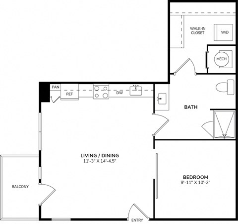 Floor plan for 1 bed, 1 bath, 609 sqft