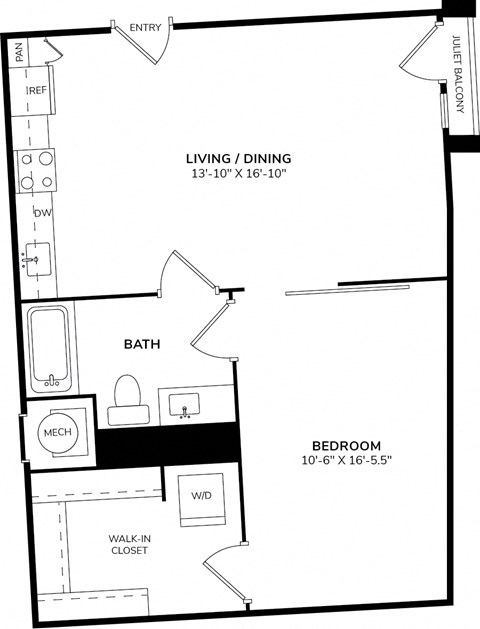 Floor plan for 1 bed, 1 bath, 796 sqft