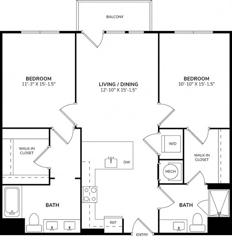 Floor plan for 2 beds, 2 baths, 1239 sqft