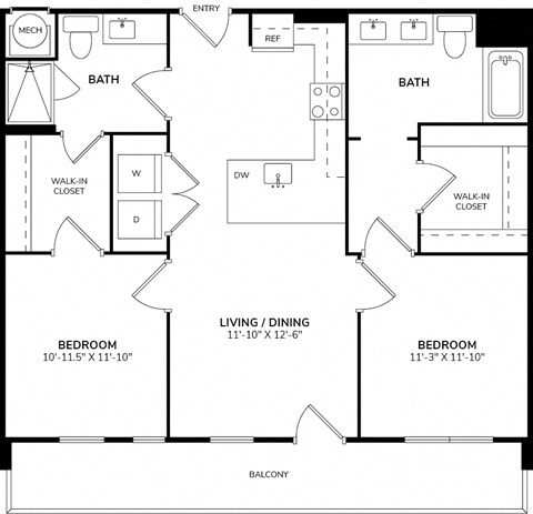Floor plan for 2 beds, 2 baths, 1119 sqft